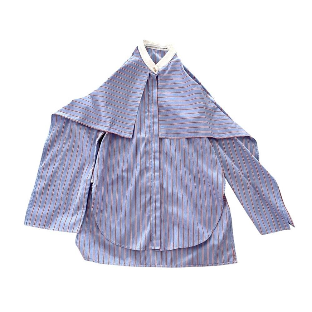 Rosetta Getty Striped Poplin Fold-Over Blouse Blue Red White stripe size 0 - Picture 4 of 9